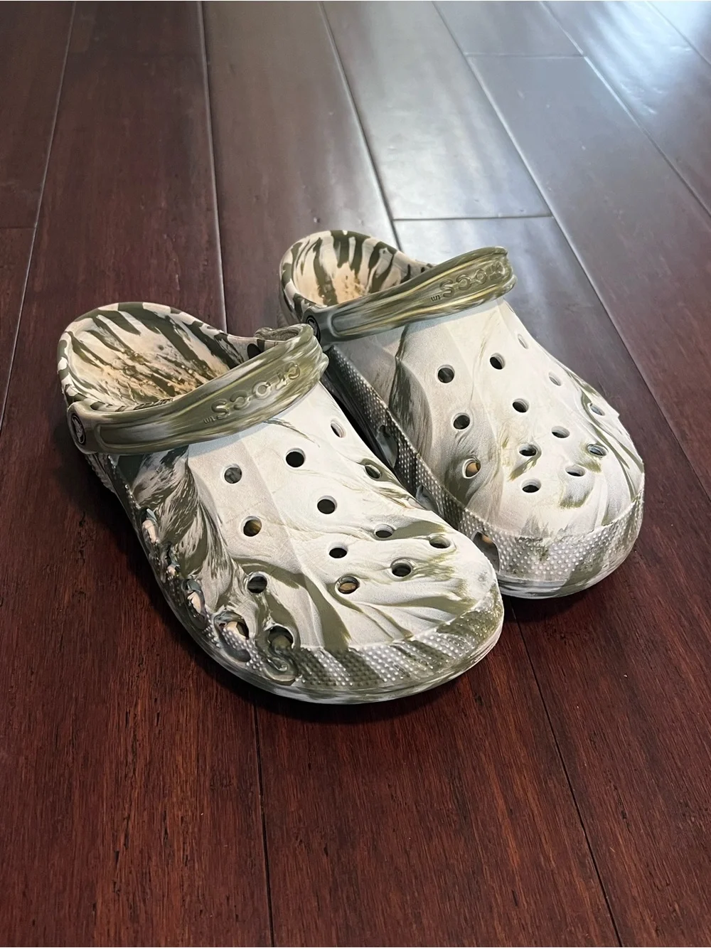 CROCS Marble White and Olive Green Classic Clog, See Pic For Imperfections